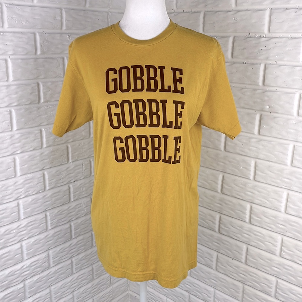TULTEX GOBBLE THANKSGIVING T SHIRT YELLOW BROWN 100% Cotton SIZE MEDIUM